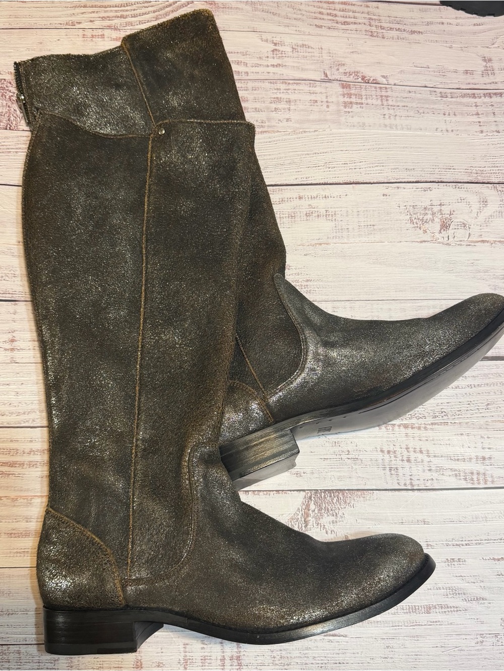Frye Women’s 10 Metallic Bronze Distressed Leather Knee High Riding Boots READ!